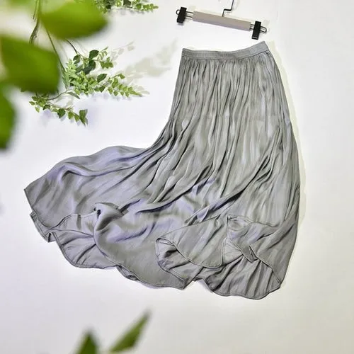 Women's Elegant Solid Color Midi Long Skirt Korean Female High Waist