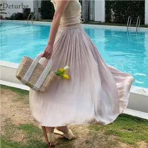 Women's Elegant Solid Color Midi Long Skirt Korean Female High Waist
