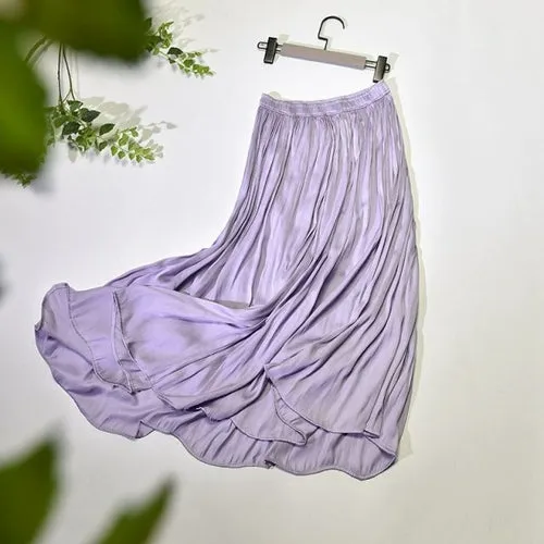 Women's Elegant Solid Color Midi Long Skirt Korean Female High Waist