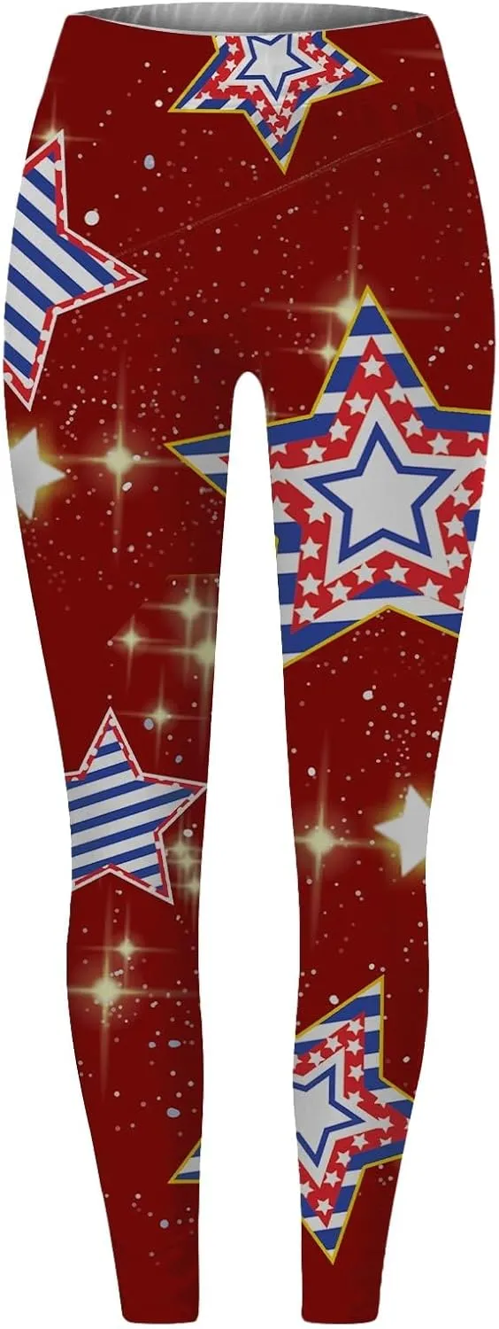Womens High Waist American Flag Leggings Funny Full-Length Yoga Gym Workout Pants US Flag Patriotic Tights