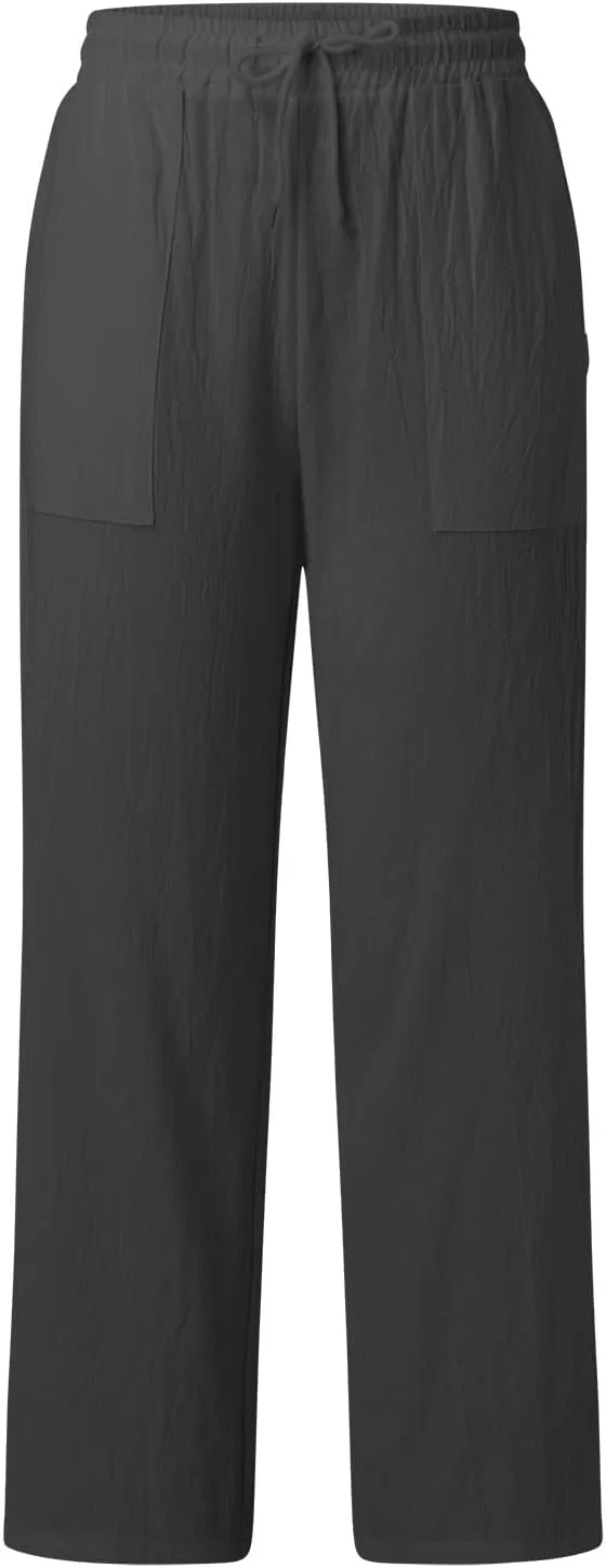 Women's Linen Blend Summer Print Pant Trousers High Waist Stretchy Plus Size Trousers Trendy