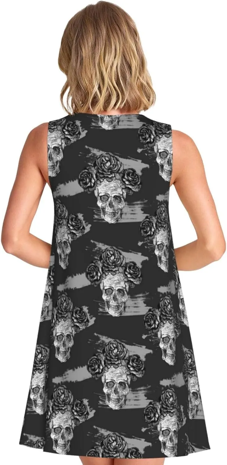 Womens Sleeveless Dress A-Line Flare Tank Dress Loose Sun Dresses Summer Flowy Swing Sundress Round Neck Outfit