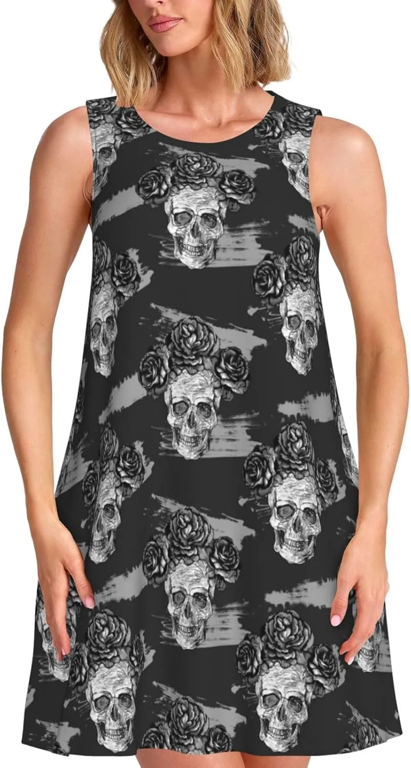 Womens Sleeveless Dress A-Line Flare Tank Dress Loose Sun Dresses Summer Flowy Swing Sundress Round Neck Outfit